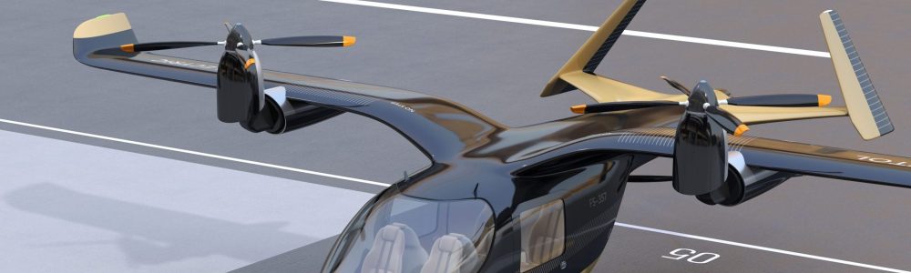 Electric VTOL passenger aircrafts charging on the station. Airport background. 3D rendering image.