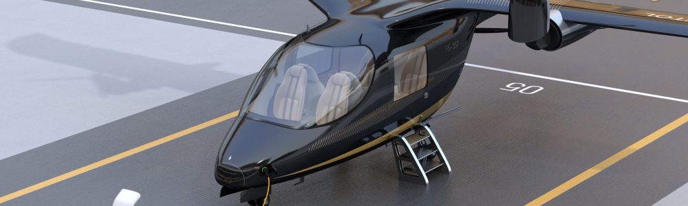 Electric VTOL passenger aircrafts charging on the station. Airport background. 3D rendering image.